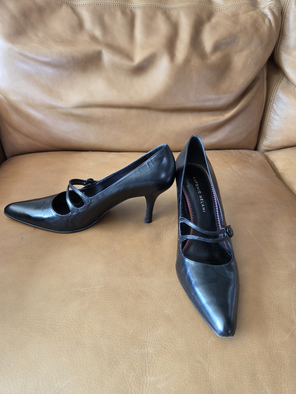ANTONIO MELANI Black Leather Mary Jane Heels